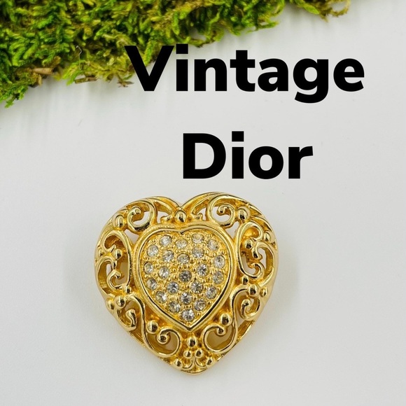 Christian Dior Vintage Gold Plate & Swarovski Crystal Heart Pin Brooch - Picture 1 of 9